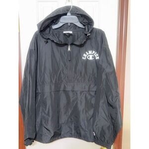 Champion Pullover Windbreaker Jacket Hooded Half Zip‎ Black Logo Large